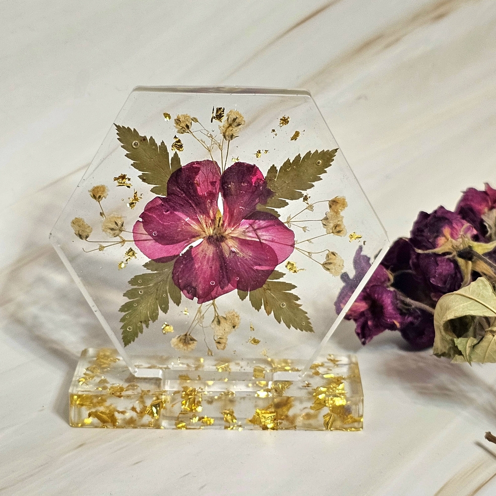 Hexagonal Floral Resin Display with Gold Accents